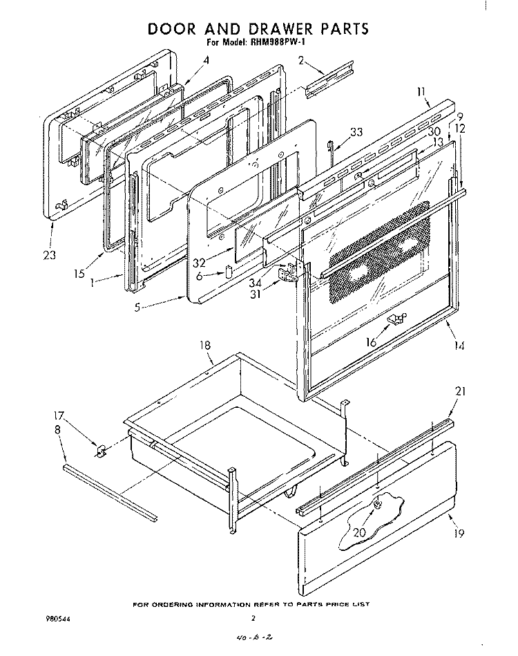 DOOR AND DRAWER Diagram and Parts List for RHM988PW1  Whirlpool Range