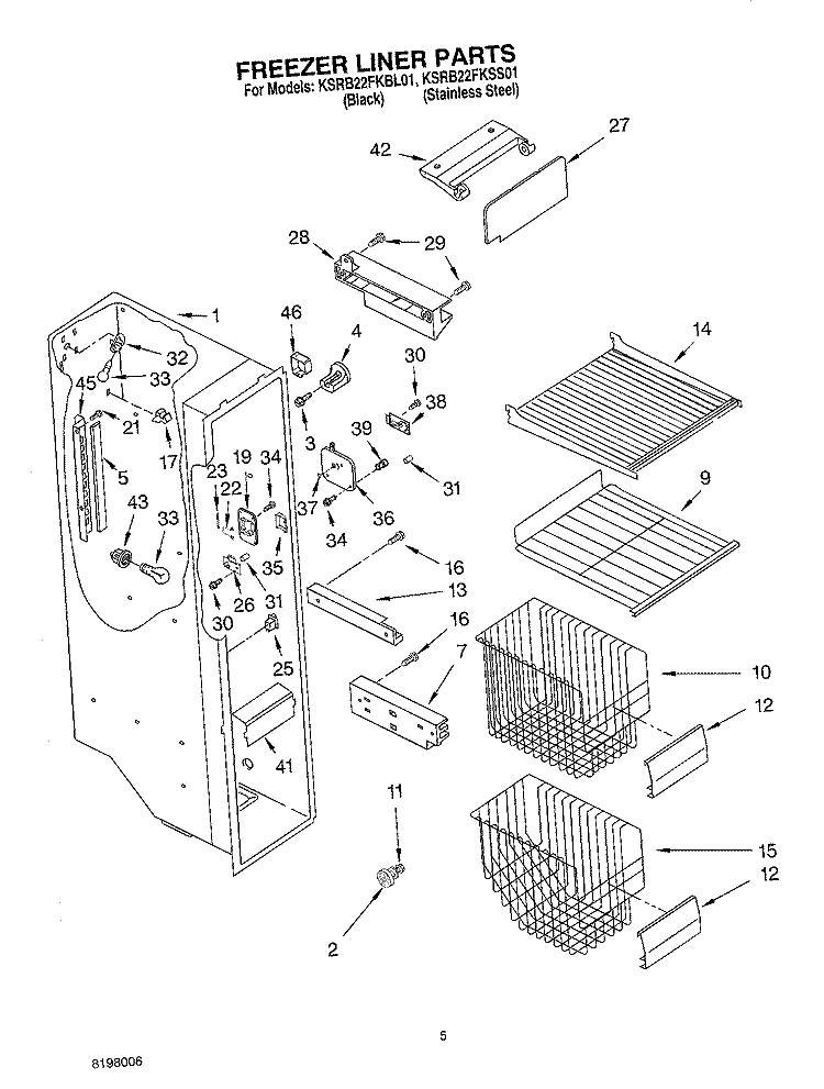 FREEZER LINER Diagram and Parts List for KSRB22FKBL01  KitchenAid Refrigerator