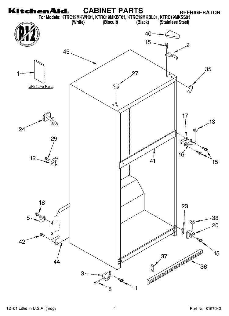 CABINET, LITERATURE Diagram and Parts List for KTRC19MKSS01  KitchenAid Refrigerator