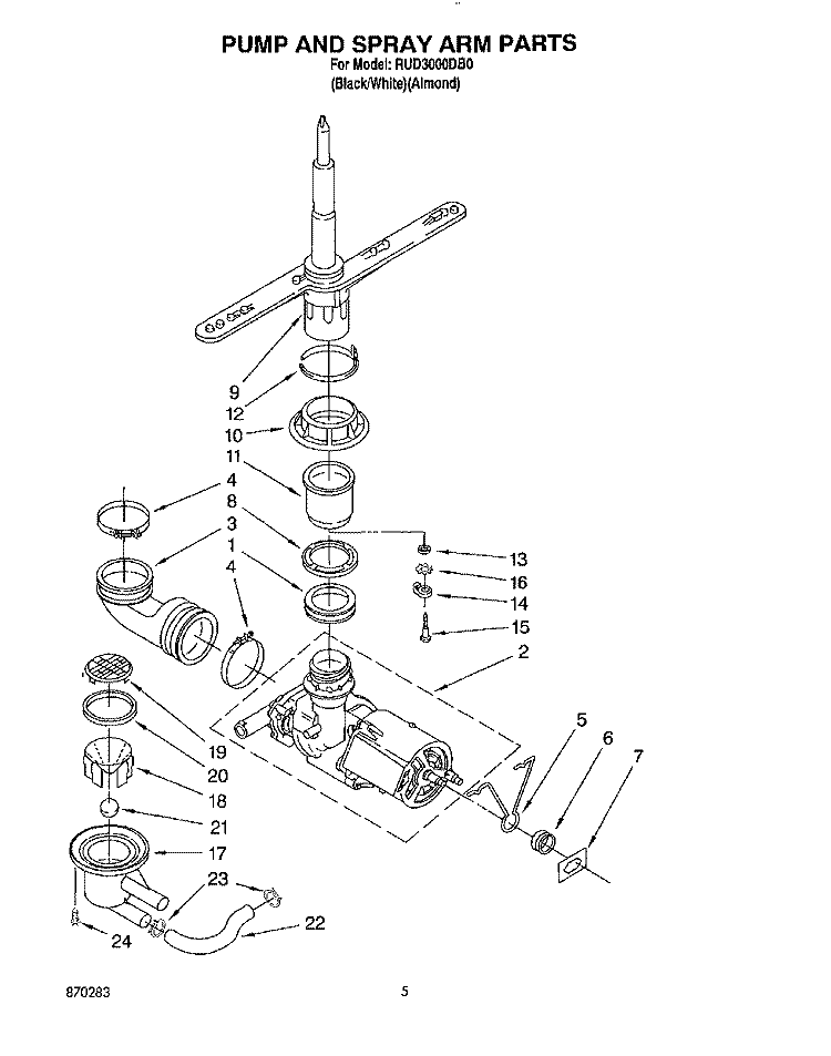 PUMP AND SPRAY ARM Diagram and Parts List for RUD3000DB0  Roper Dishwasher