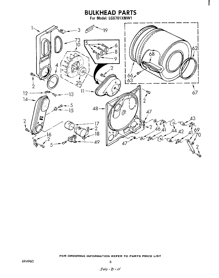 BULKHEAD Diagram and Parts List for LG5701XMW1  Whirlpool Dryer