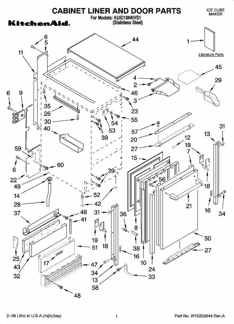 CABINET LINER AND DOOR PARTS Diagram and Parts List for KUIO18NNVS1  KitchenAid Ice Maker