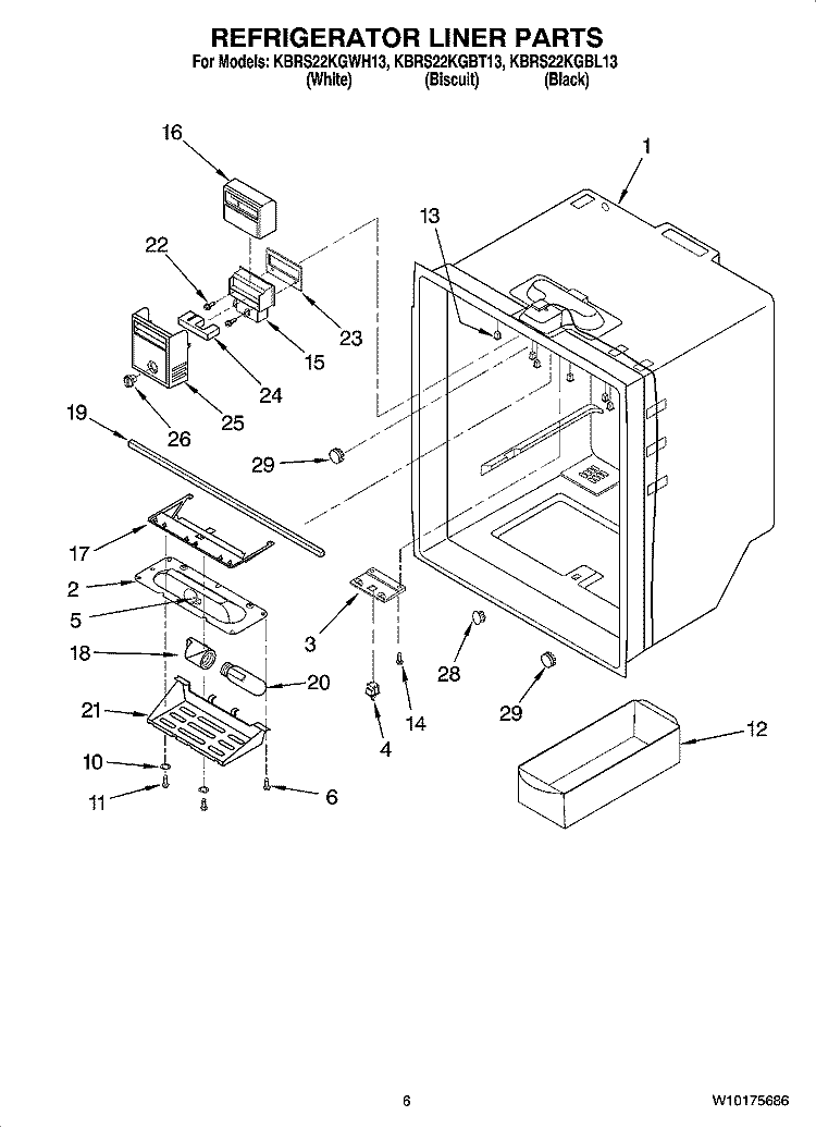 REFRIGERATOR LINER PARTS Diagram and Parts List for KBRS22KGWH13  KitchenAid Refrigerator