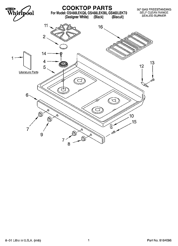 COOKTOP, LITERATURE Diagram and Parts List for GS460LEKB0  Whirlpool Range