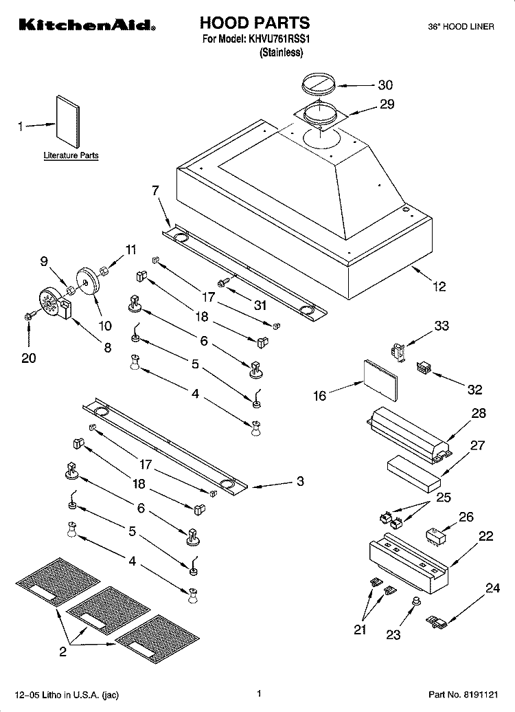 HOOD PARTS Diagram and Parts List for KHVU761RSS1  KitchenAid Range Hood