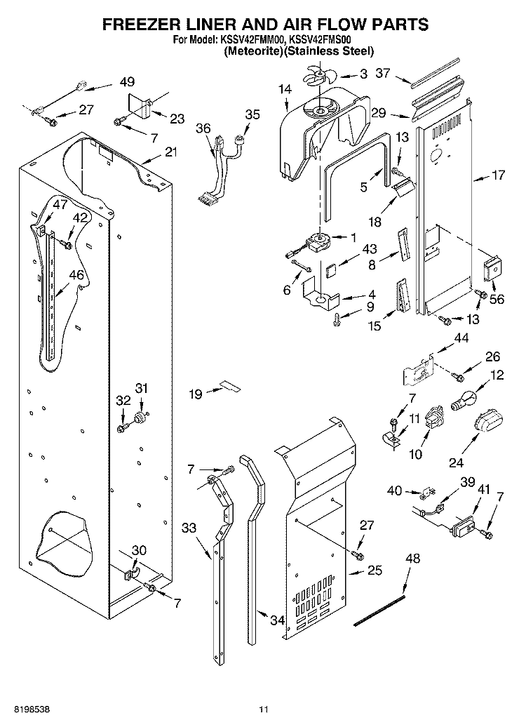 FREEZER LINER AND AIR FLOW PARTS Diagram and Parts List for KSSV42FMS00  KitchenAid Refrigerator