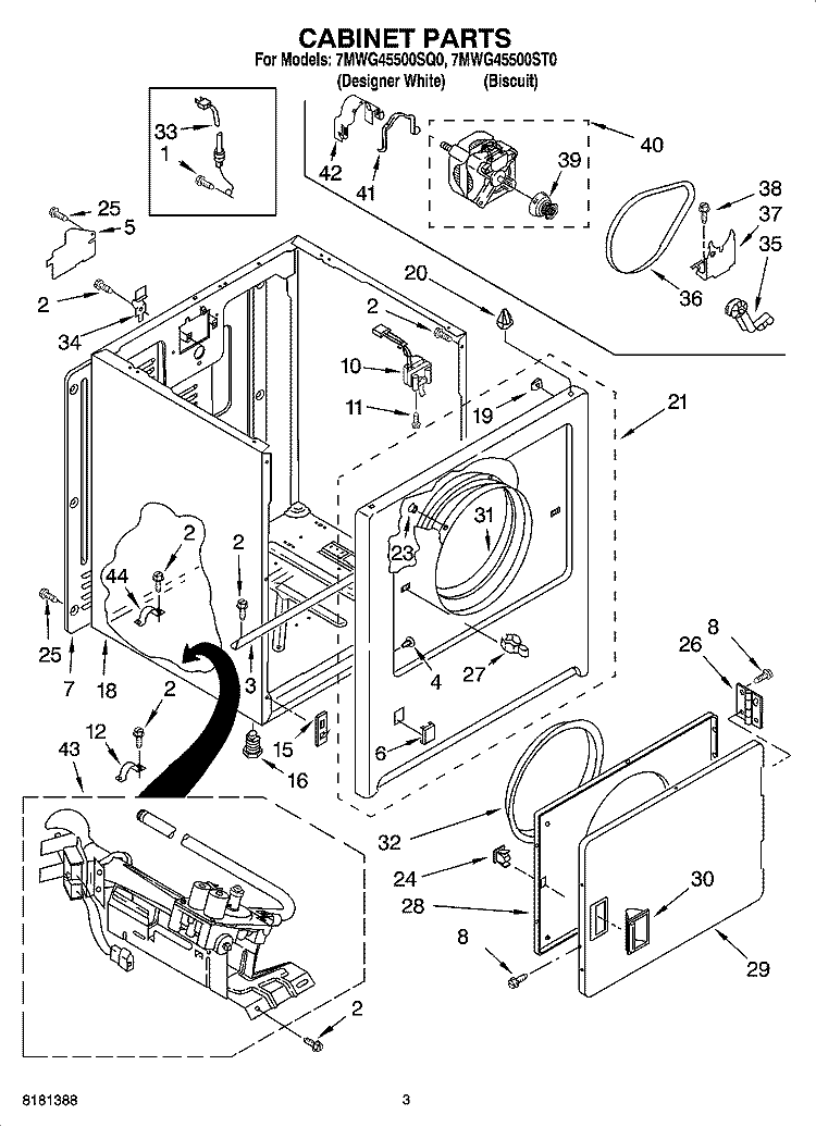 CABINET PARTS Diagram and Parts List for 7MWG45500ST0  Whirlpool Dryer