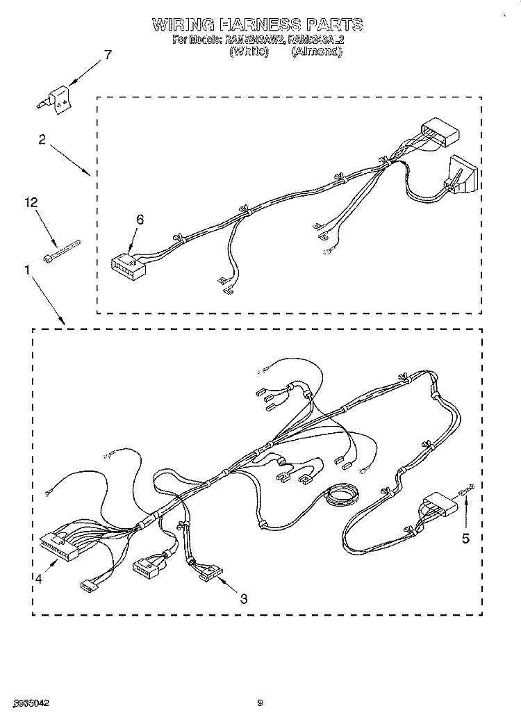 WIRING HARNESS Diagram and Parts List for RAM5243AW2  Whirlpool Washer
