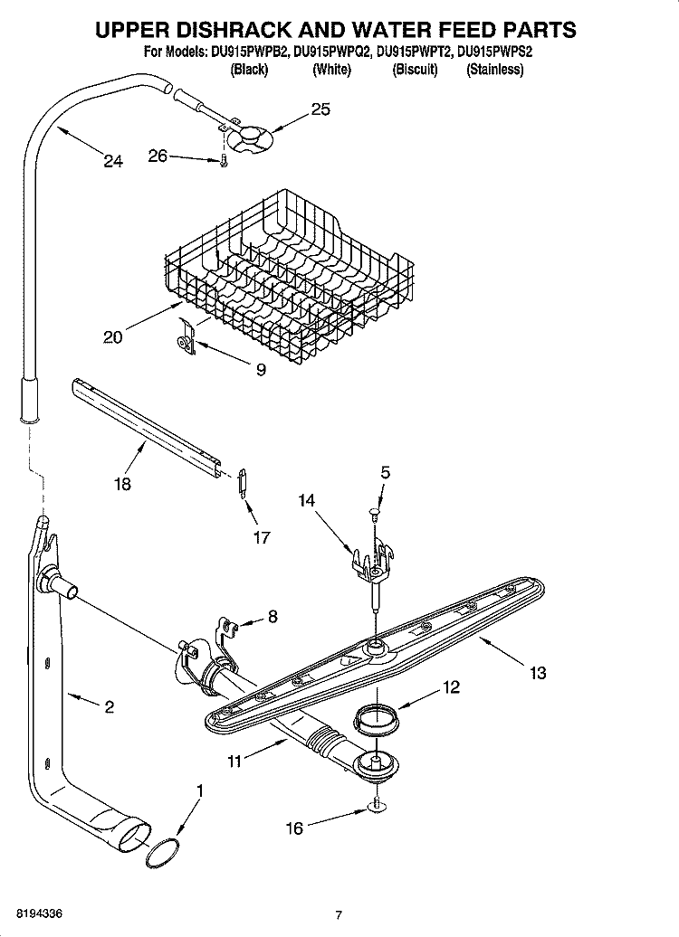 UPPER DISHRACK AND WATER FEED PARTS Diagram and Parts List for DU915PWPT2  Whirlpool Dishwasher