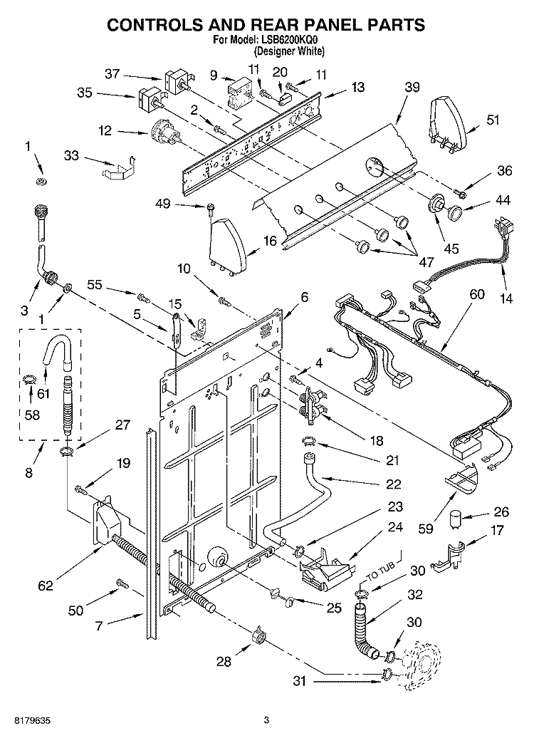 CONTROLS AND REAR PANEL Diagram and Parts List for LSB6200KQ0  Whirlpool Washer