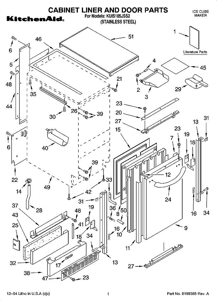 CABINET LINER AND DOOR PARTS Diagram and Parts List for KUIS185JSS2  KitchenAid Ice Maker