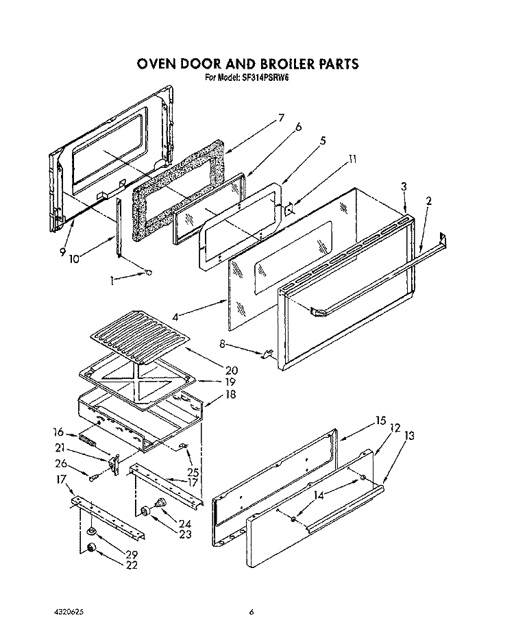 OVEN DOOR AND BROILER Diagram and Parts List for SF314PSRW6  Whirlpool Range