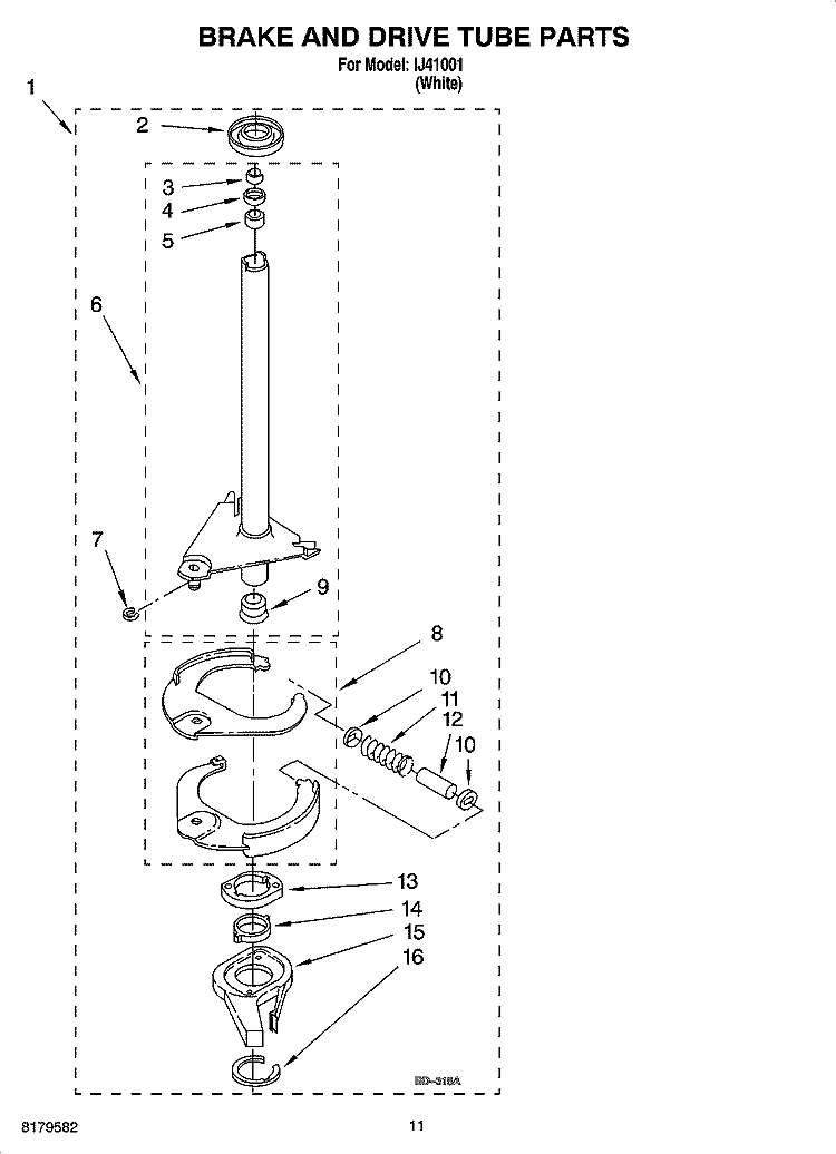 BRAKE AND DRIVE TUBE PARTS Diagram and Parts List for IJ41001  Inglis Washer