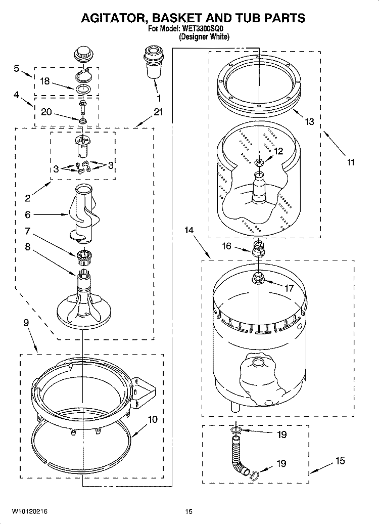 AGITATOR, BASKET AND TUB PARTS Diagram and Parts List for WET3300SQ0  Whirlpool Washer Dryer Combo