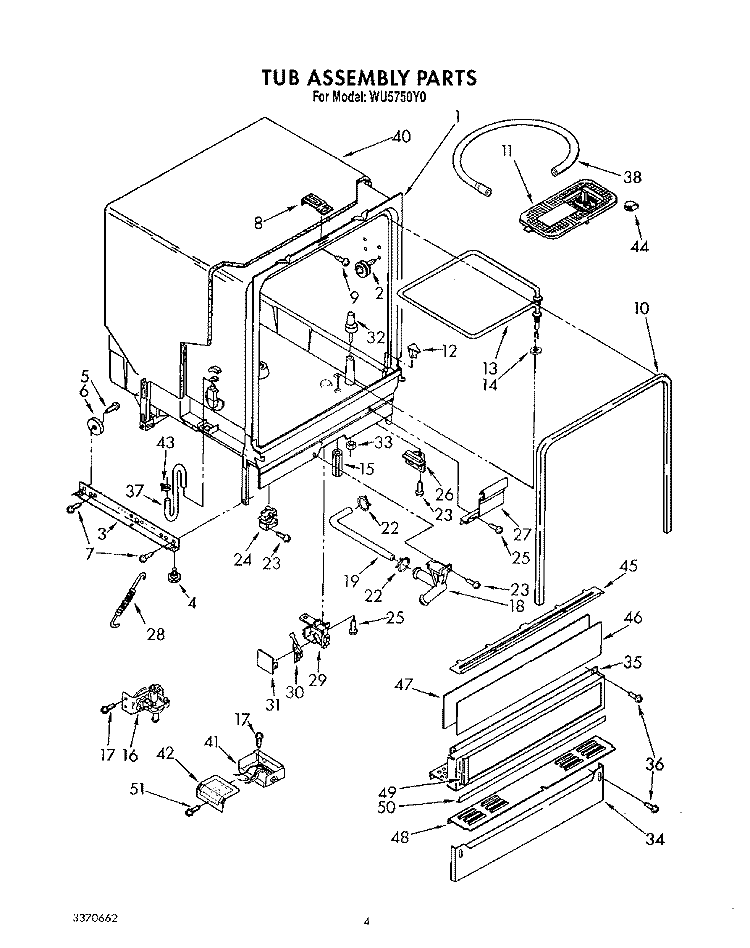 TUB, LIT/OPTIONAL Diagram and Parts List for WU5750Y0  Roper Dishwasher