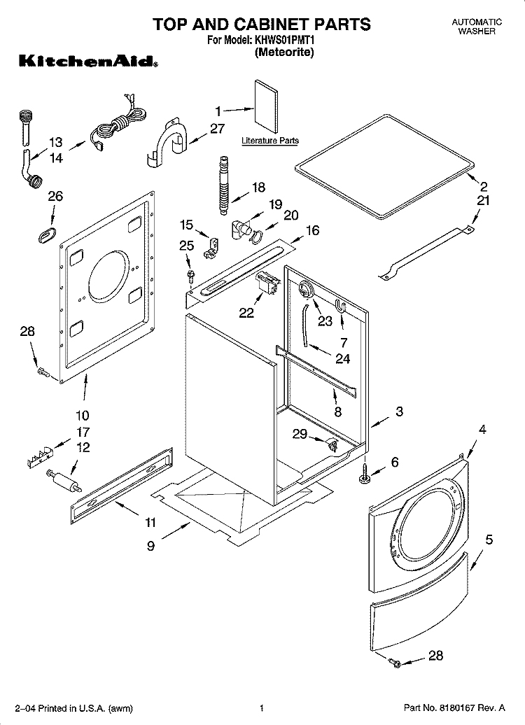 TOP AND CABINET PARTS Diagram and Parts List for KHWS01PMT1  KitchenAid Washer