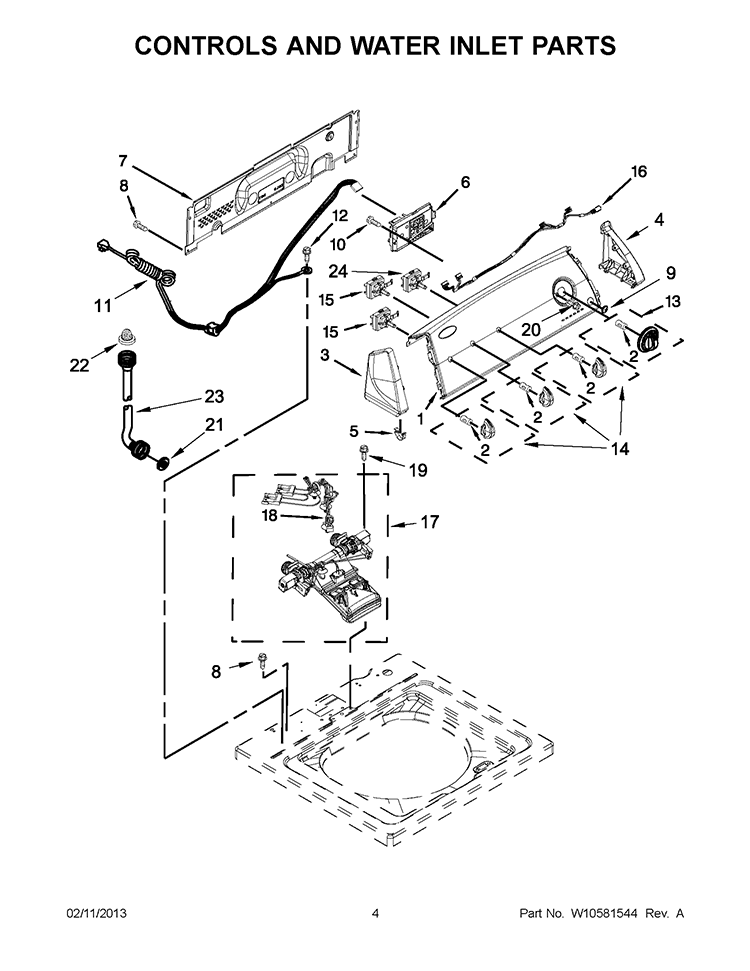 CONTROLS AND WATER INLET PARTS Diagram and Parts List for 7MWTW1801BQ0  Whirlpool Washer