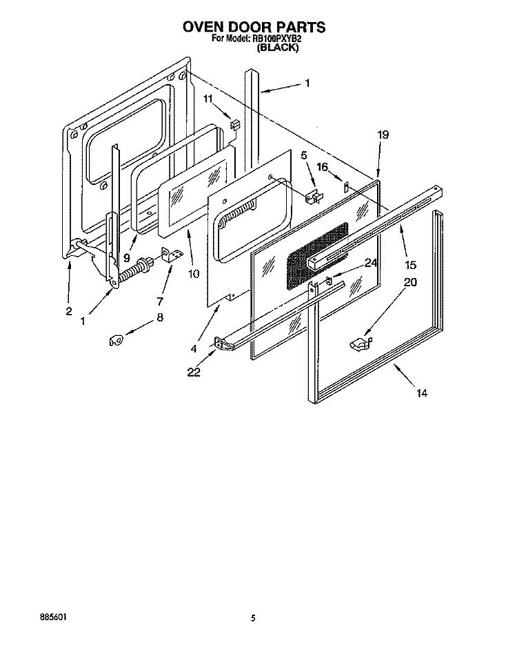 OVEN DOOR Diagram and Parts List for RB100PXYB2  Whirlpool Wall Oven