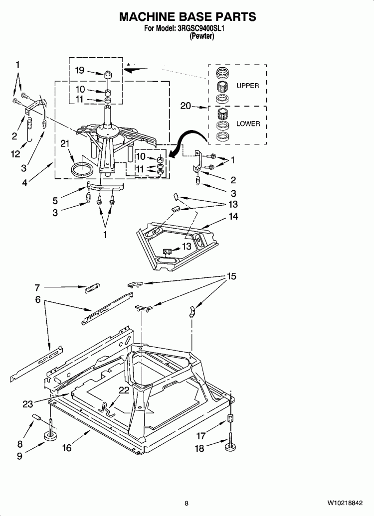 MACHINE BASE PARTS Diagram and Parts List for 3RGSC9400SL1  Whirlpool Washer