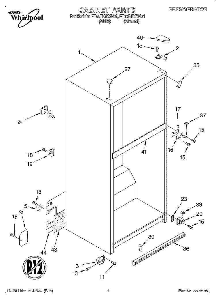 CABINET Diagram and Parts List for ET22RKXGW01  Whirlpool Refrigerator