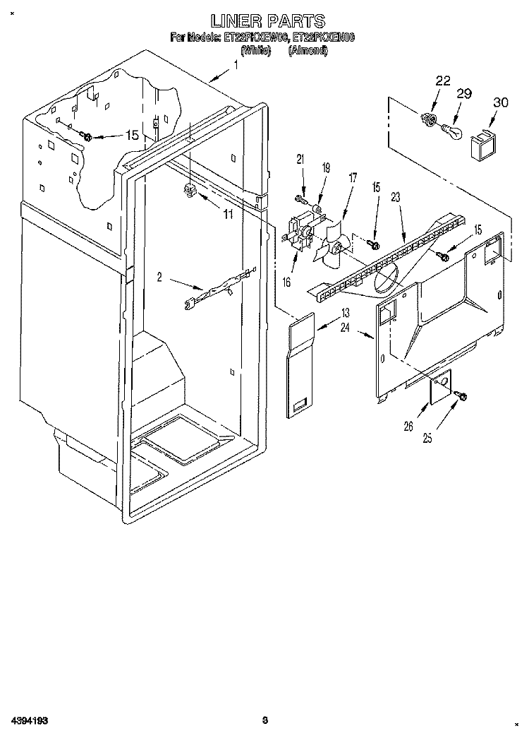 LINER Diagram and Parts List for ET22PKXEN00  Whirlpool Refrigerator