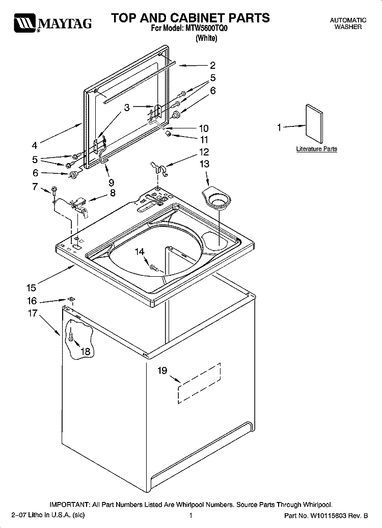 TOP AND CABINET PARTS Diagram and Parts List for MTW5600TQ0  Whirlpool Washer