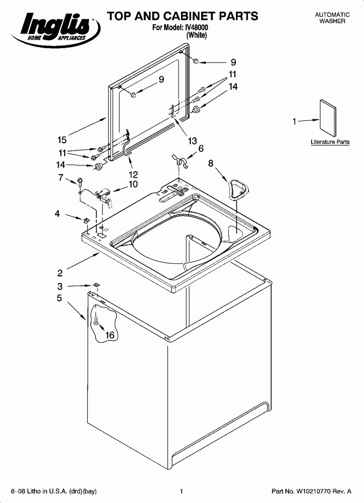 TOP AND CABINET PARTS Diagram and Parts List for IV48000  Inglis Washer