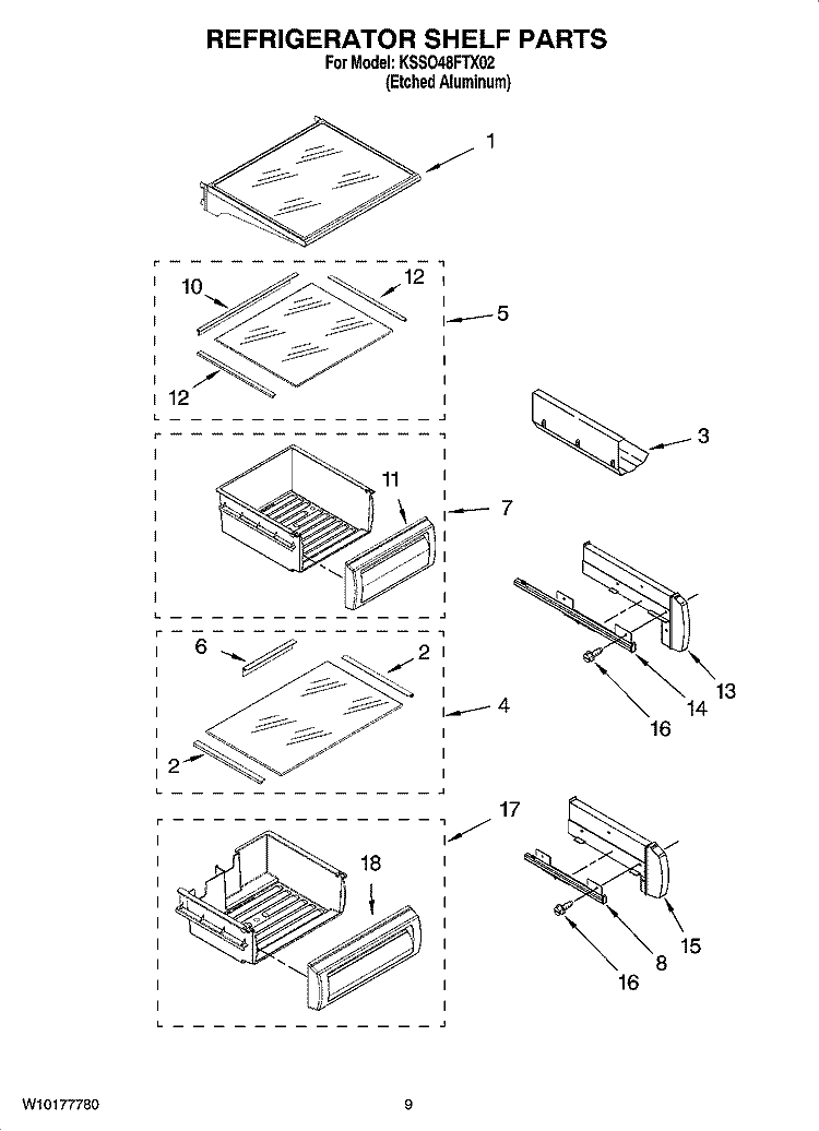 REFRIGERATOR SHELF PARTS Diagram and Parts List for KSSO48FTX02  KitchenAid Refrigerator