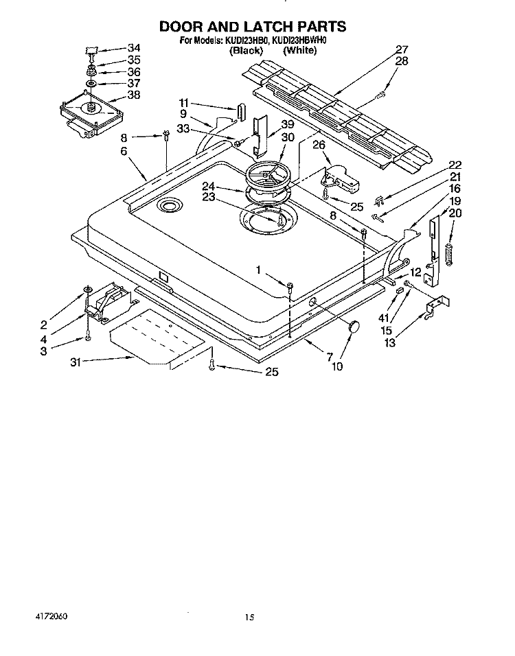 DOOR AND LATCH Diagram and Parts List for KUDI23HBWH0  KitchenAid Dishwasher