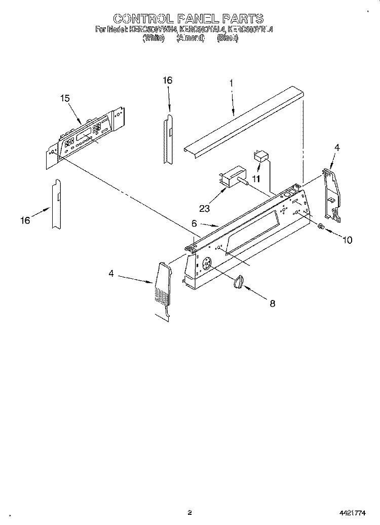 CONTROL PANEL Diagram and Parts List for KERC500YWH4  KitchenAid Range