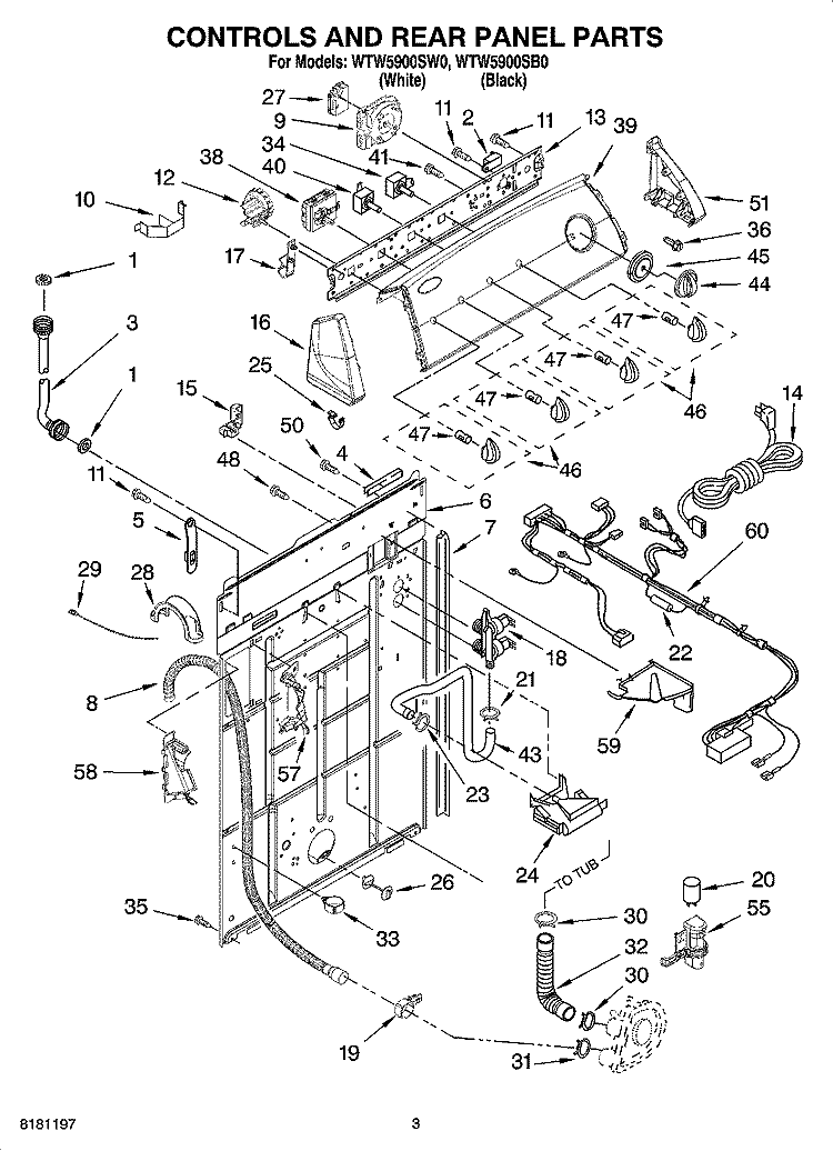 CONTROLS AND REAR PANEL PARTS Diagram and Parts List for WTW5900SB0  Whirlpool Washer