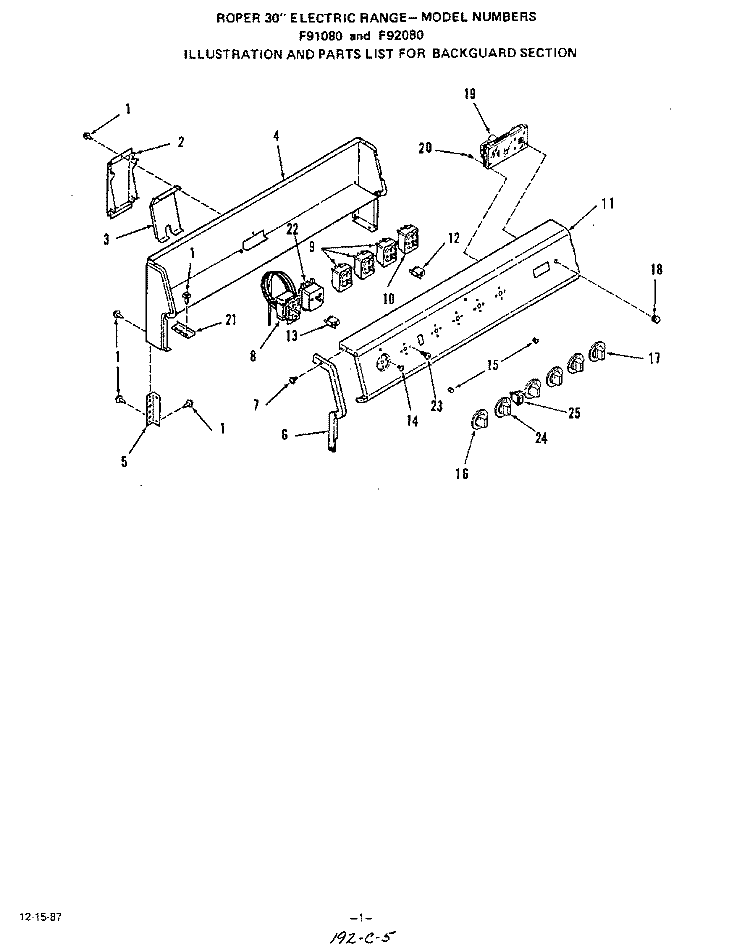 BACKGUARD , LIT/OPTIONAL Diagram and Parts List for F9108W0  Roper Range
