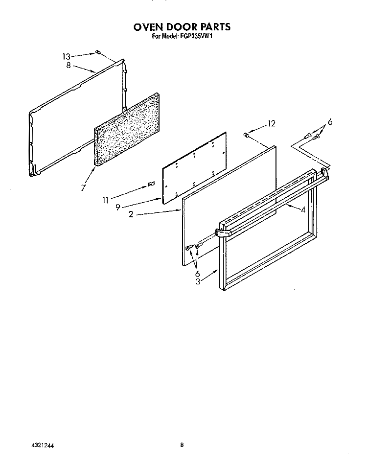 OVEN DOOR, LIT/OPTIONAL Diagram and Parts List for FGP335VL1  Roper Range