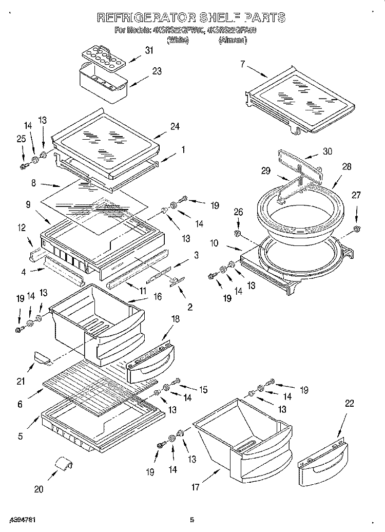 REFRIGERATOR SHELF Diagram and Parts List for 4KSRS22QFW00  KitchenAid Refrigerator