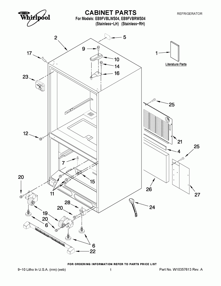 CABINET PARTS Diagram and Parts List for EB9FVBLWS04  Whirlpool Refrigerator