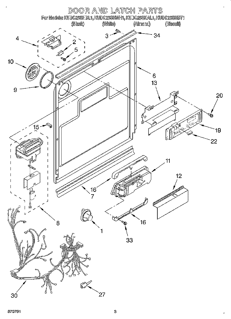 DOOR AND LATCH Diagram and Parts List for KUDG25SHBL1  KitchenAid Dishwasher