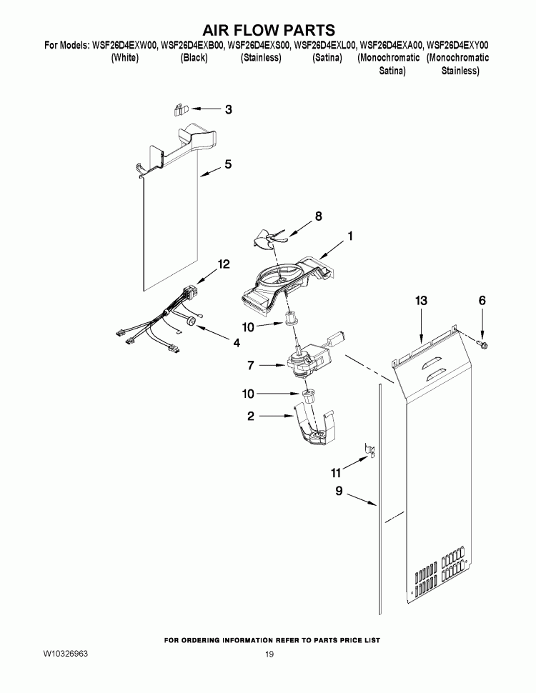 AIR FLOW PARTS Diagram and Parts List for WSF26D4EXA00  Whirlpool Refrigerator