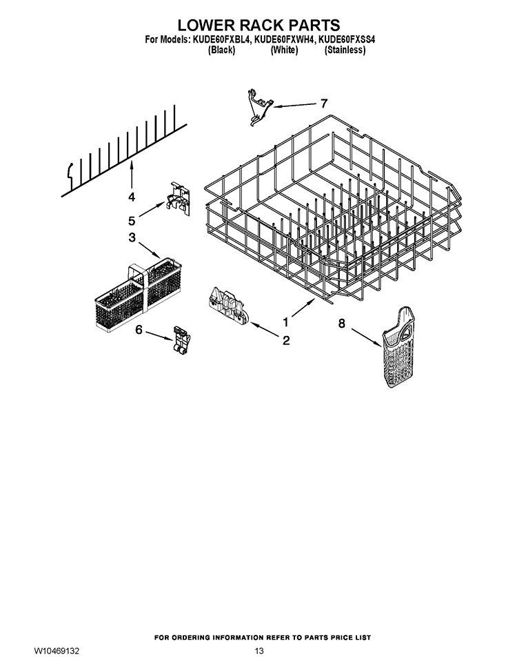 LOWER RACK PARTS Diagram and Parts List for KUDE60FXBL4  KitchenAid Dishwasher