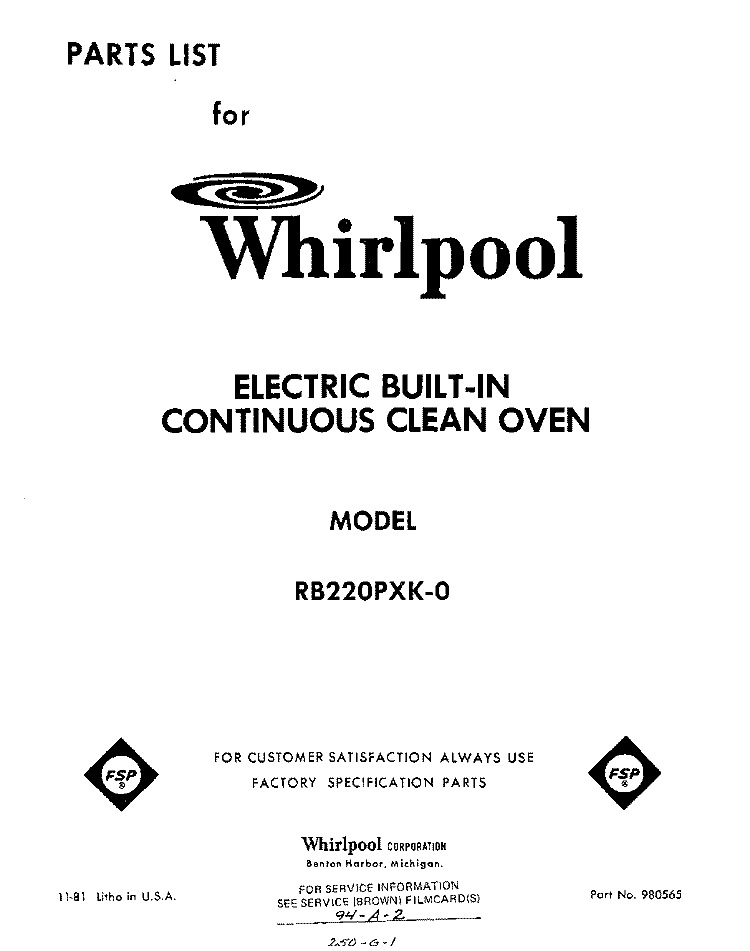 SECTION Diagram and Parts List for RB220PXK0  Whirlpool Wall Oven
