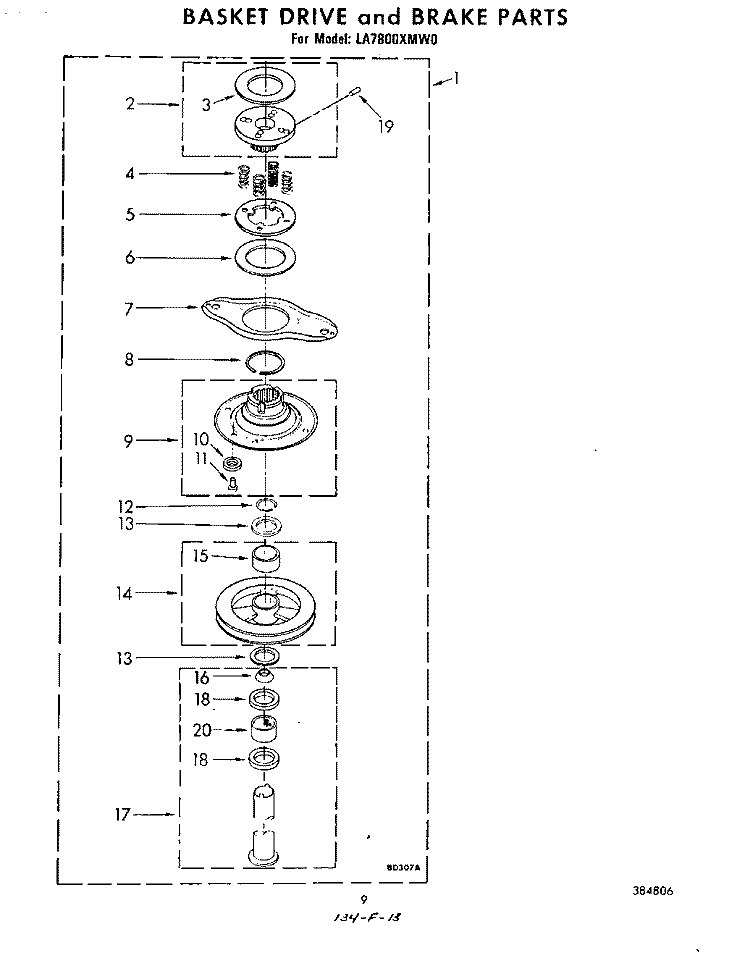 BASKET DRIVE AND BRAKE Diagram and Parts List for LA7800XMW0  Whirlpool Washer