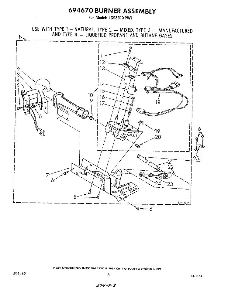 BURNER Diagram and Parts List for LG9801XPW1  Whirlpool Dryer