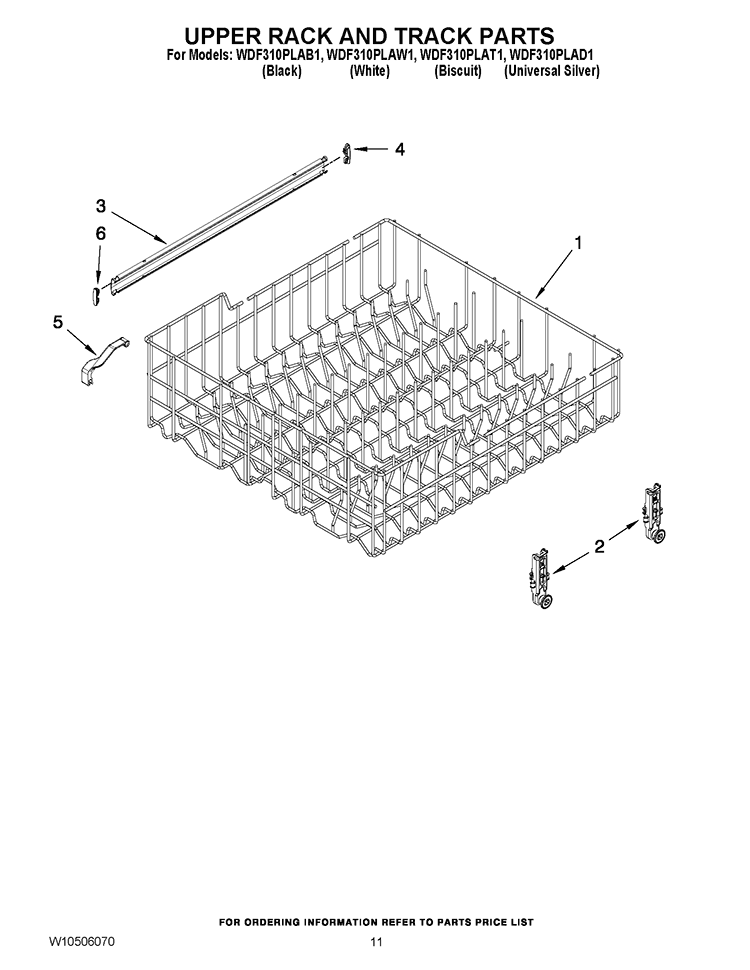 UPPER RACK AND TRACK PARTS Diagram and Parts List for WDF310PLAD1  Whirlpool Dishwasher