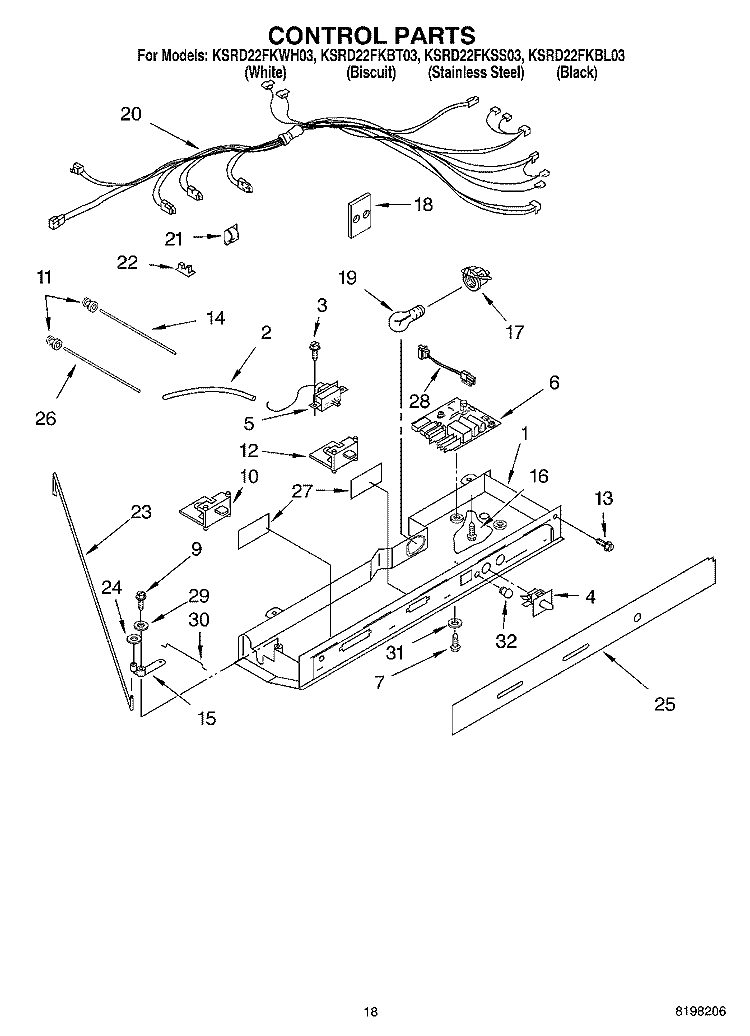CONTROL PARTS Diagram and Parts List for KSRD22FKBL03  KitchenAid Refrigerator
