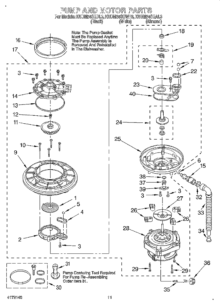 PUMP AND MOTOR Diagram and Parts List for KUDM24SEWH3  KitchenAid Dishwasher