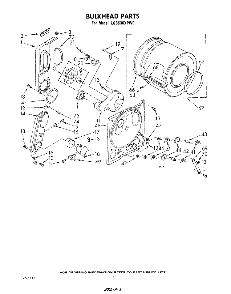 BULKHEAD Diagram and Parts List for LG5536XPW0  Whirlpool Dryer