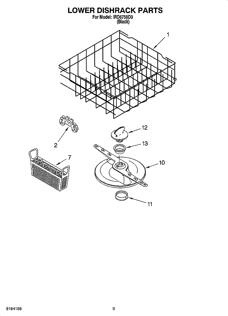 LOWER DISHRACK PARTS, OPTIONAL PARTS (NOT INCLUDED) Diagram and Parts List for IRD6750D0  Inglis Dishwasher