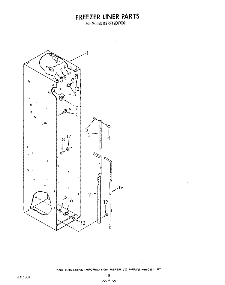 FREEZER LINER Diagram and Parts List for KSRF42DTX02  KitchenAid Refrigerator