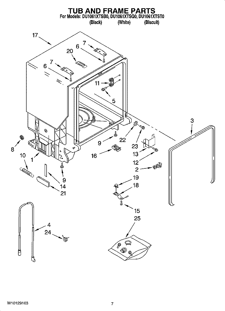 TUB AND FRAME PARTS Diagram and Parts List for DU1061XTST0  Whirlpool Dishwasher