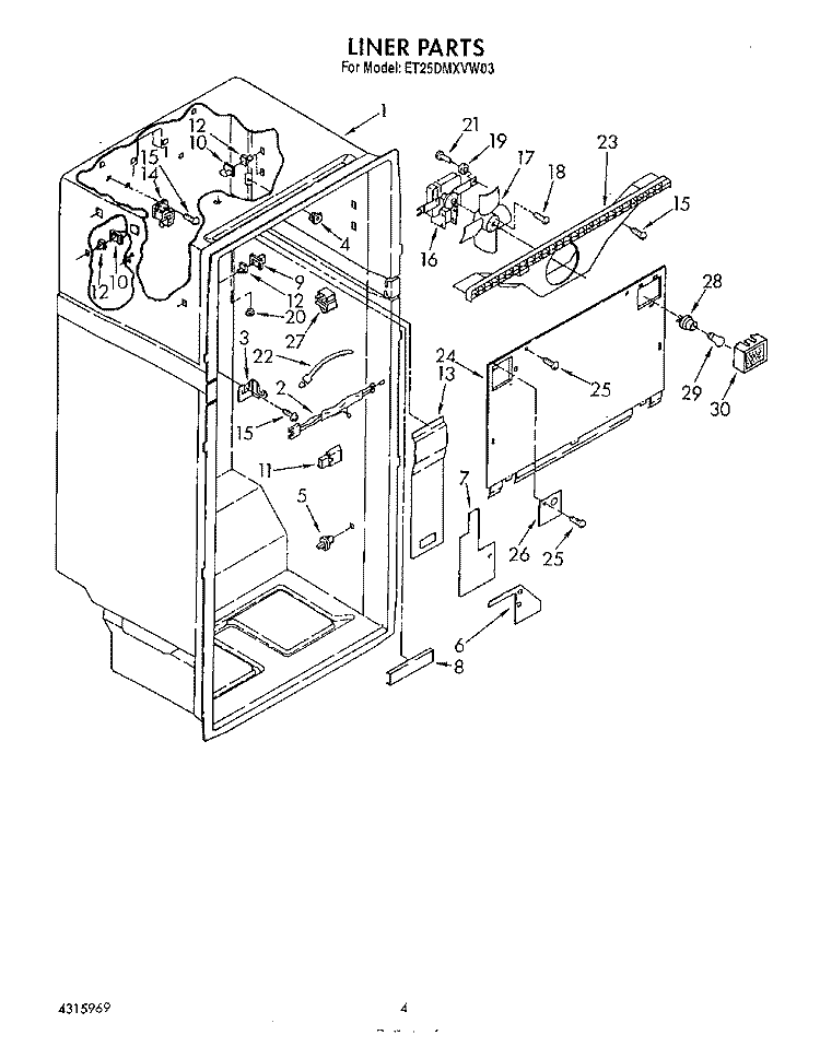LINER Diagram and Parts List for ET25DMXVW03  Whirlpool Refrigerator