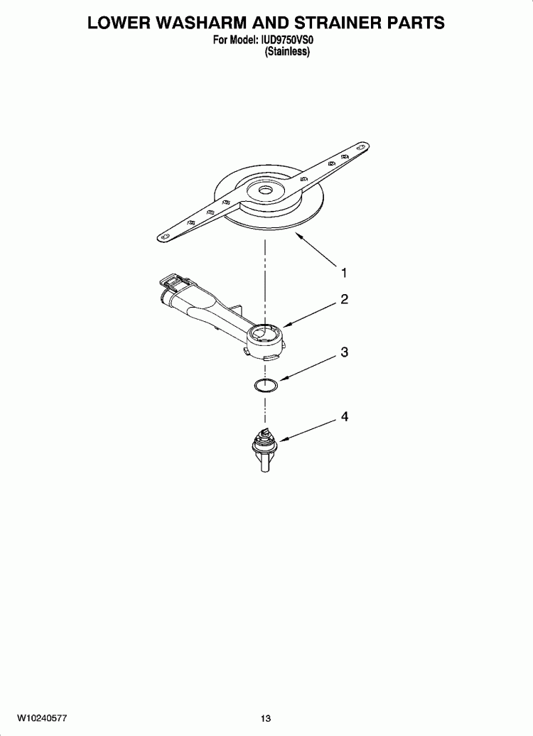 LOWER WASHARM AND STRAINER PARTS, OPTIONAL PARTS (NOT INCLUDED) Diagram and Parts List for IUD9750VS0  Whirlpool Dishwasher
